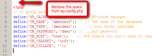 Remove Space from wp-config Remove Space from wp-config
